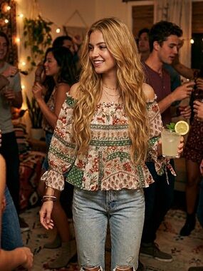 NWT Zara Sz S Multicolor Patchwork BOHO Holiday Off-Shoulder Long Sleeve Blouse